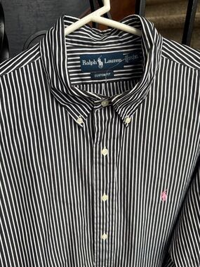 XL Ralph Lauren Black and White Striped Button-Down Shirt with Pink Custom fit
